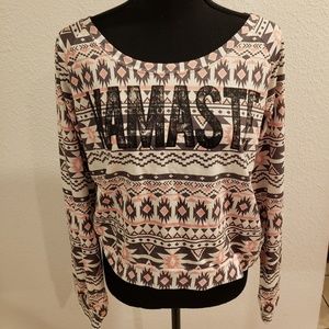 New Pink and White Namaste Long Sleeve Crop Top